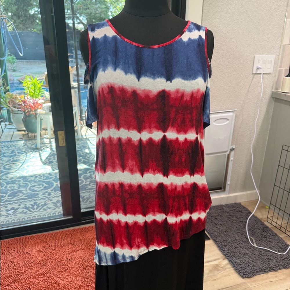 Red White and Blue Tie-Dye cold shoulder Top #sh0101